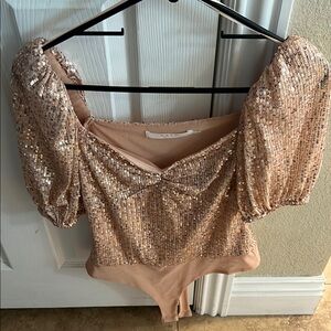 Sequin Puff Sleeve Bodysuit - Tan - Astr The Label